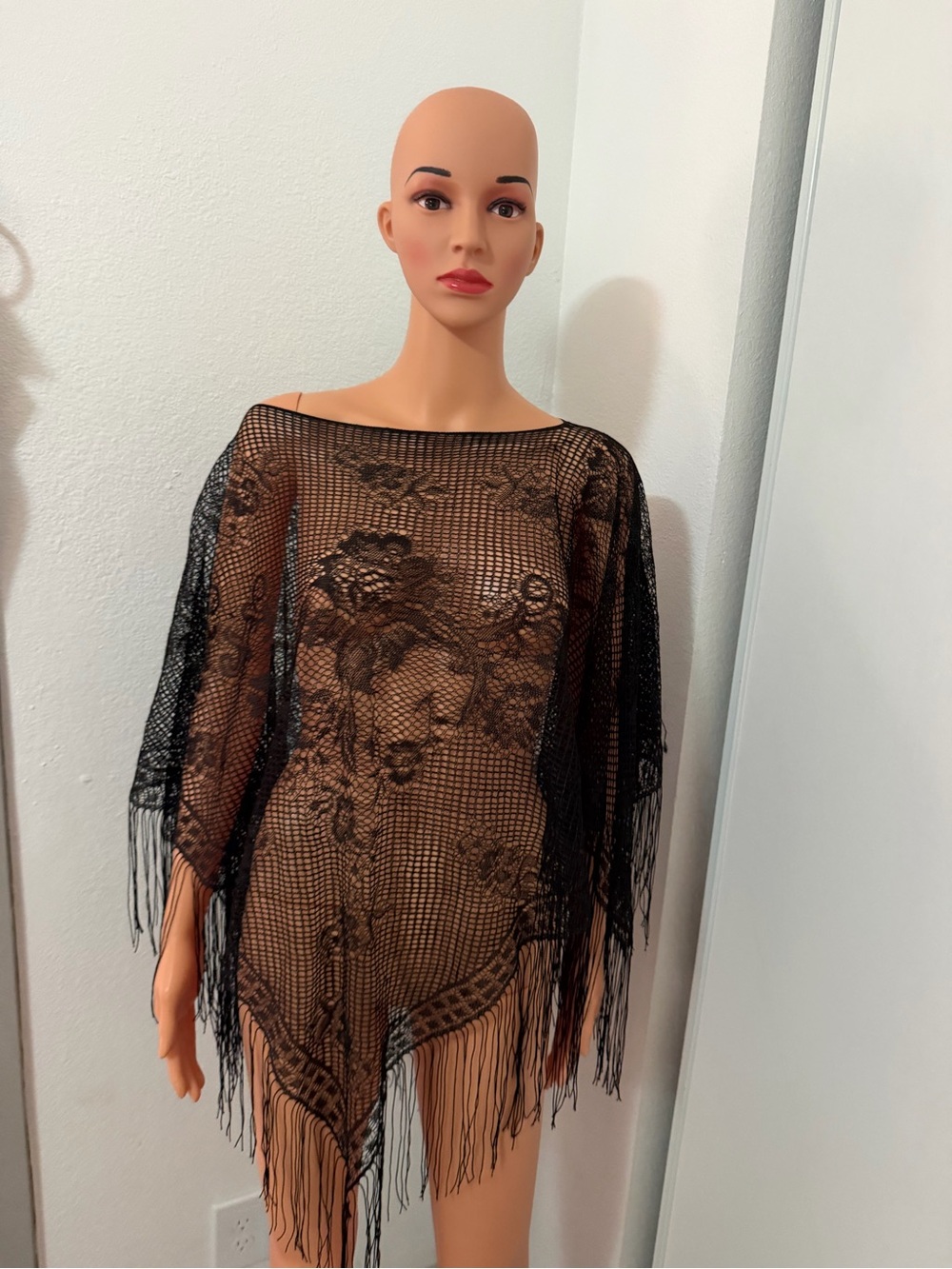 Black Crochet Lace Fringe Boho Beach Cover Up One Size